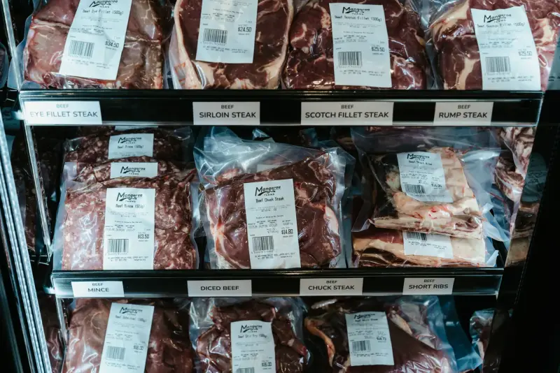Mangaroa Farms beef cuts in the butchery cabinet